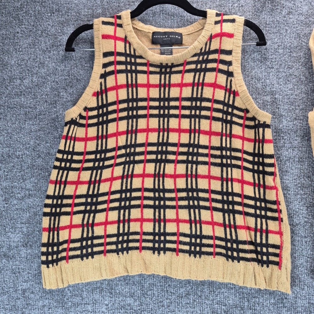 August Silk Cardigan Vest Set Plaid Silk Angora Medium Tan Womens - Picture 3 of 13